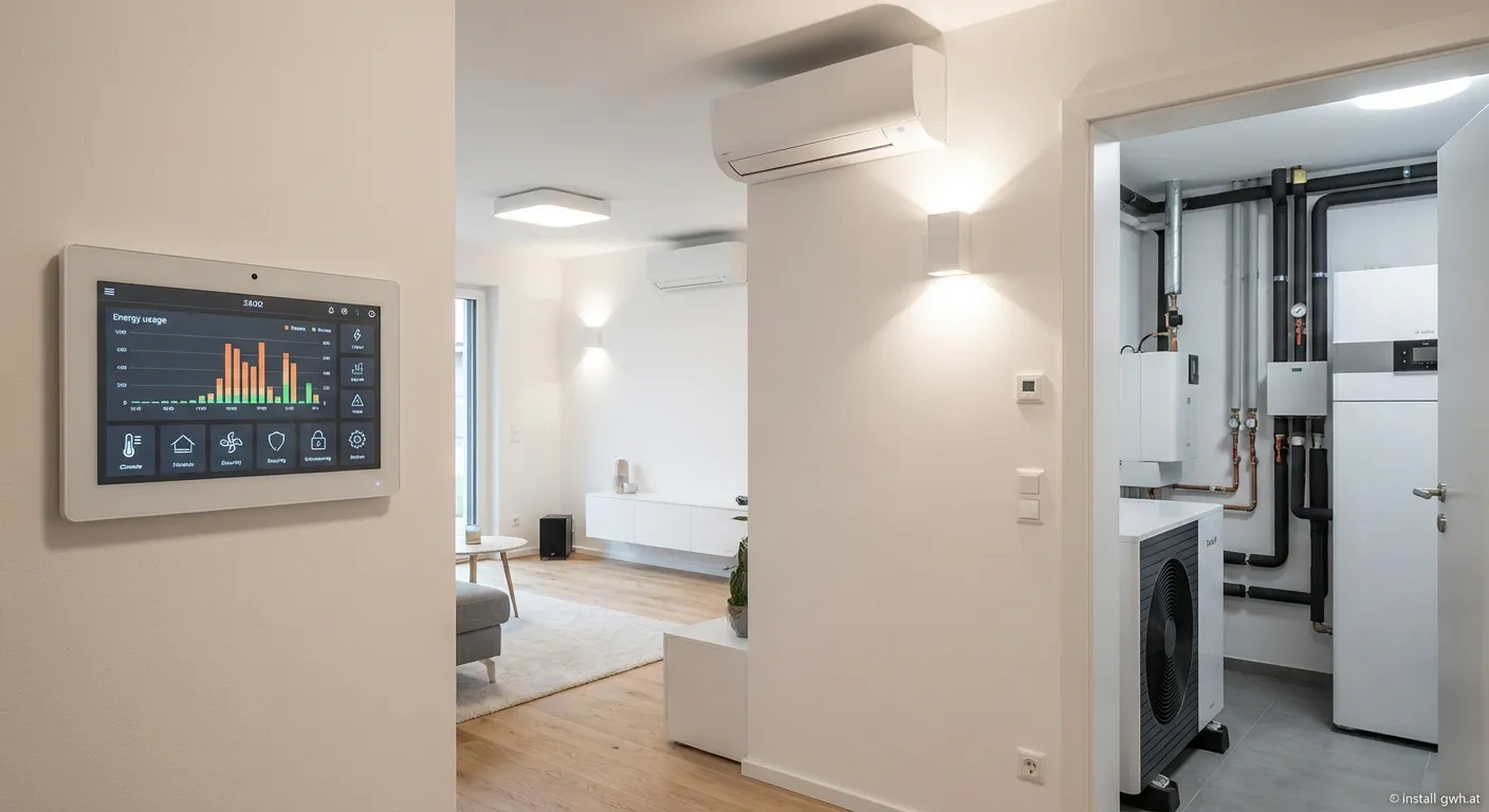 Moderner Heizungskeller mit Commes Haustechnik Systemen und Wärmepumpe