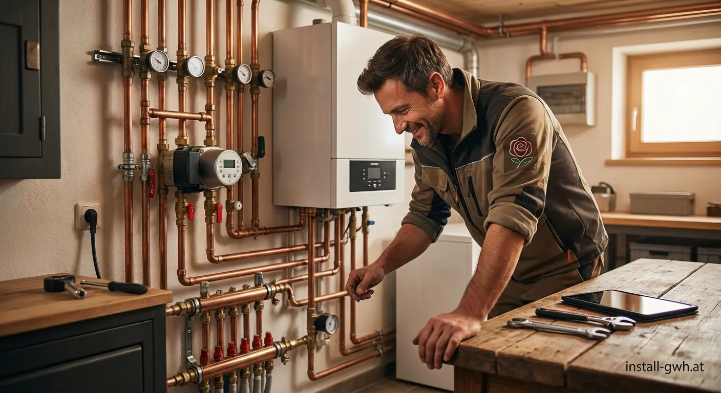 Monteur bei der Arbeit an einer Heizungsanlage von Haustechnik Rose