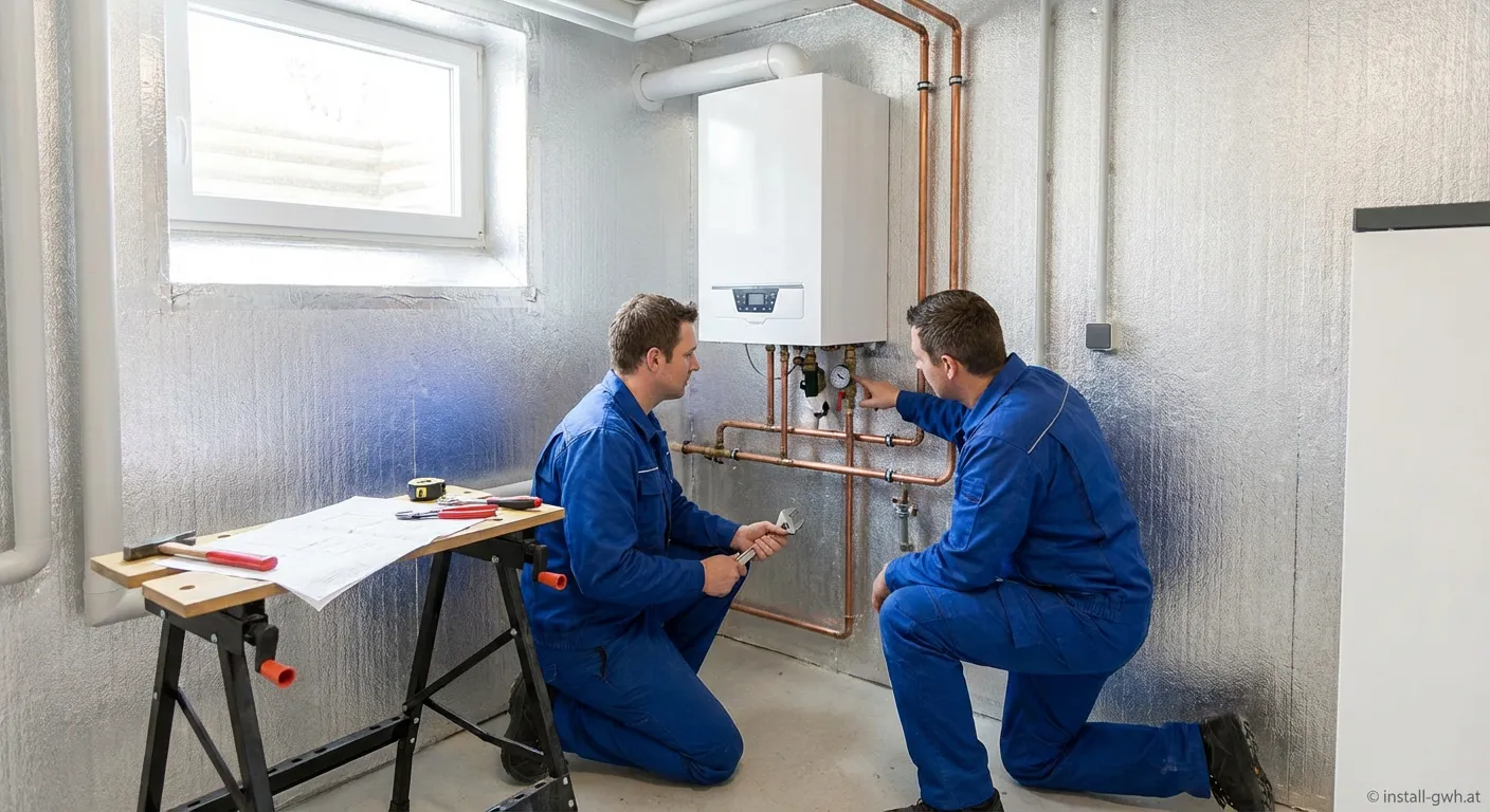 Mitarbeiter der Haustechnik Wolter GmbH bei der Wartung einer modernen Heizungsanlage