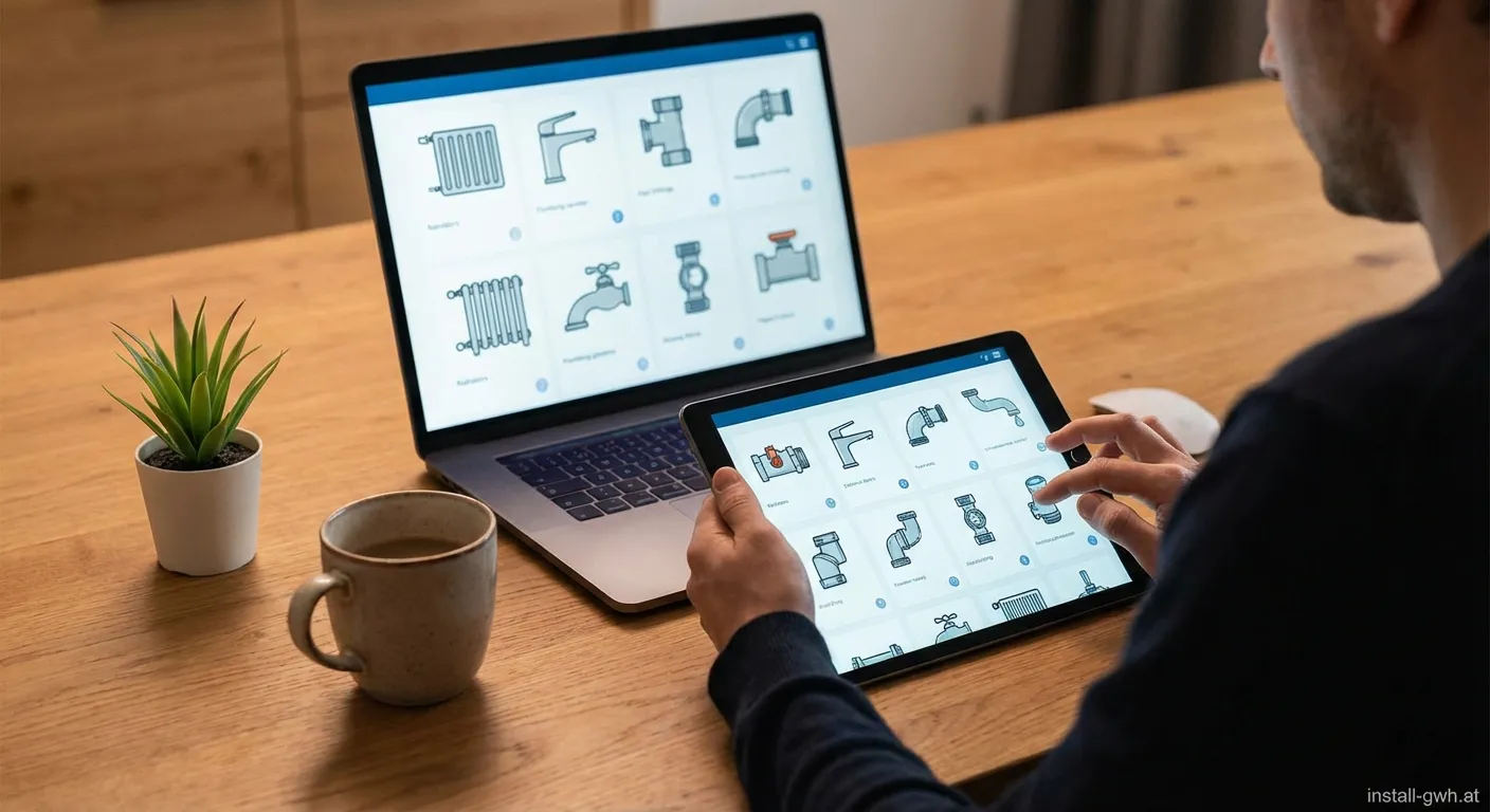 Mann bestellt Heizung Sanitär Shop24 Ware am Laptop