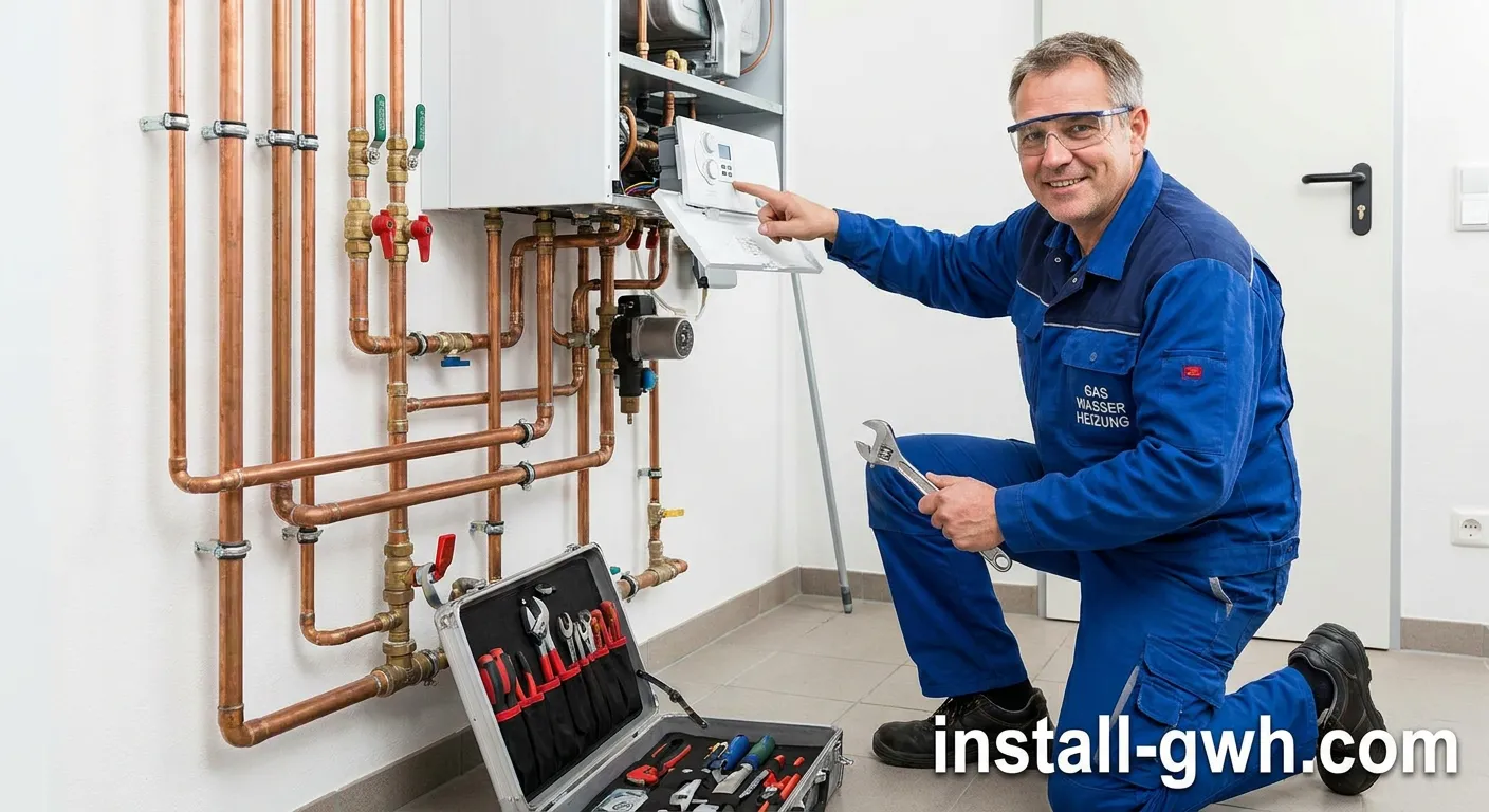 Installateur bei der Arbeit an einer modernen Heizungsanlage