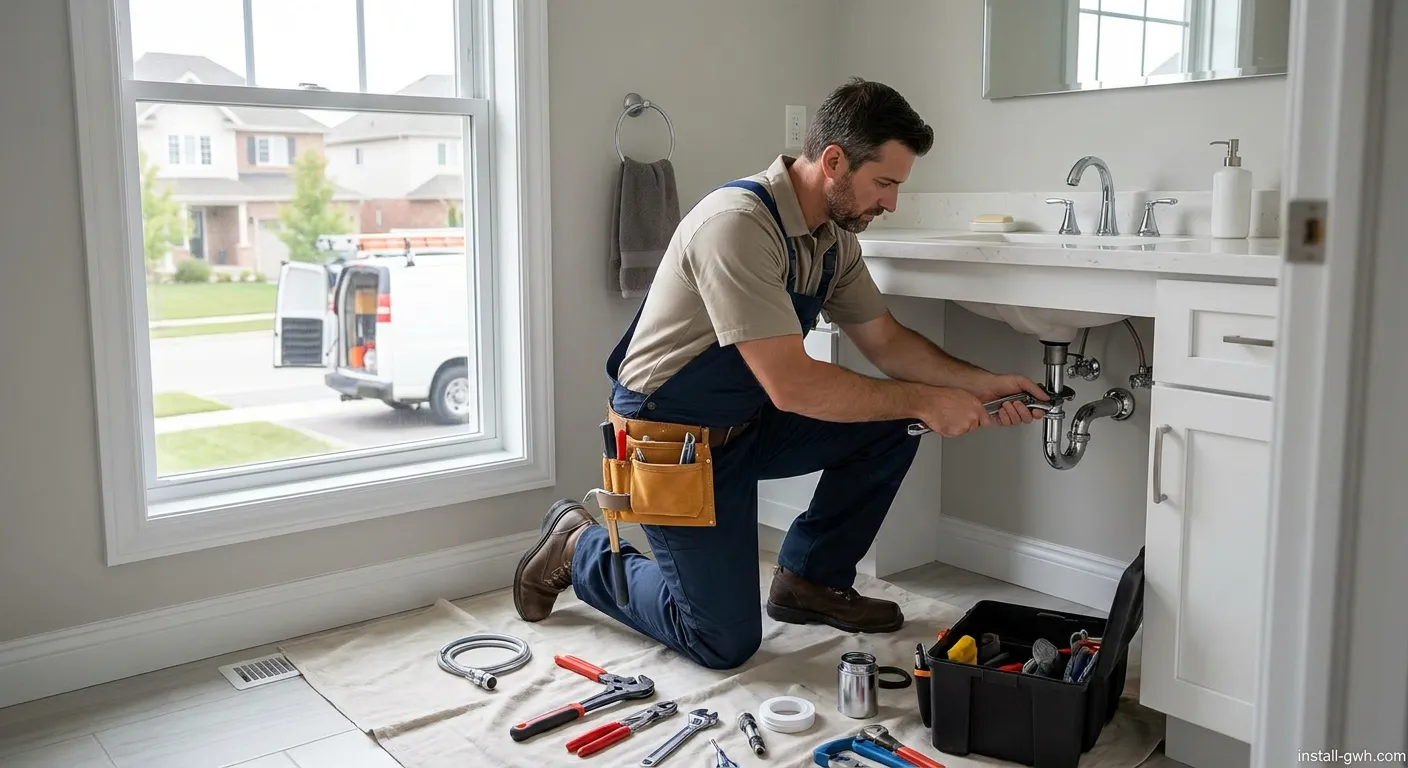 Installateur bei der Arbeit an Rohrleitungen