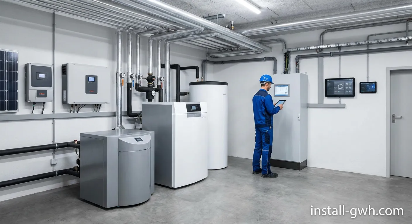 Gebäudetechniker bei der Installation einer Heizungsanlage