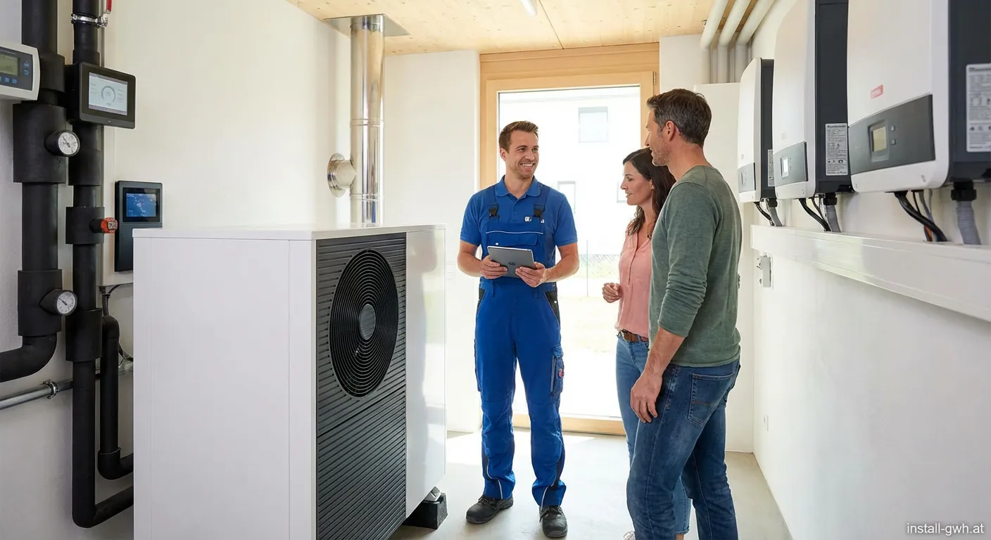 Mitarbeiter der Oska Haustechnik GmbH bei der Installation einer modernen Wärmepumpe