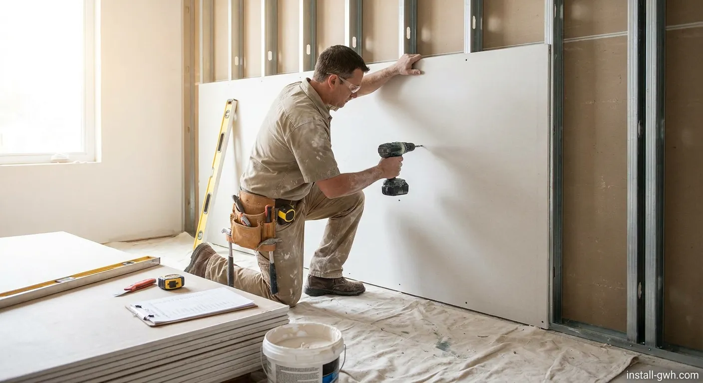 Trockenbau Handwerker montiert Gipskartonplatten an einer Wand