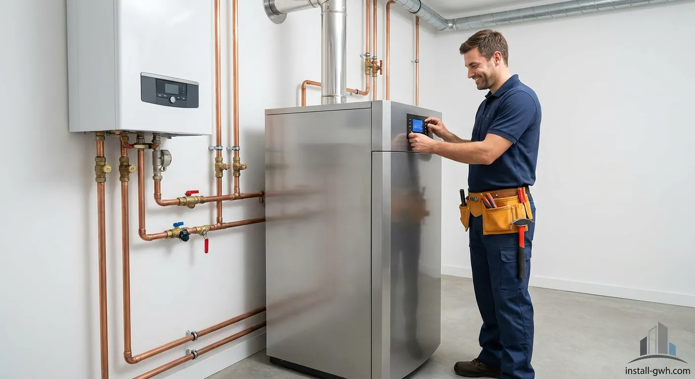 Wegele Haustechnik Fachmann bei der Installation einer Heizungsanlage in einem Wohnhaus